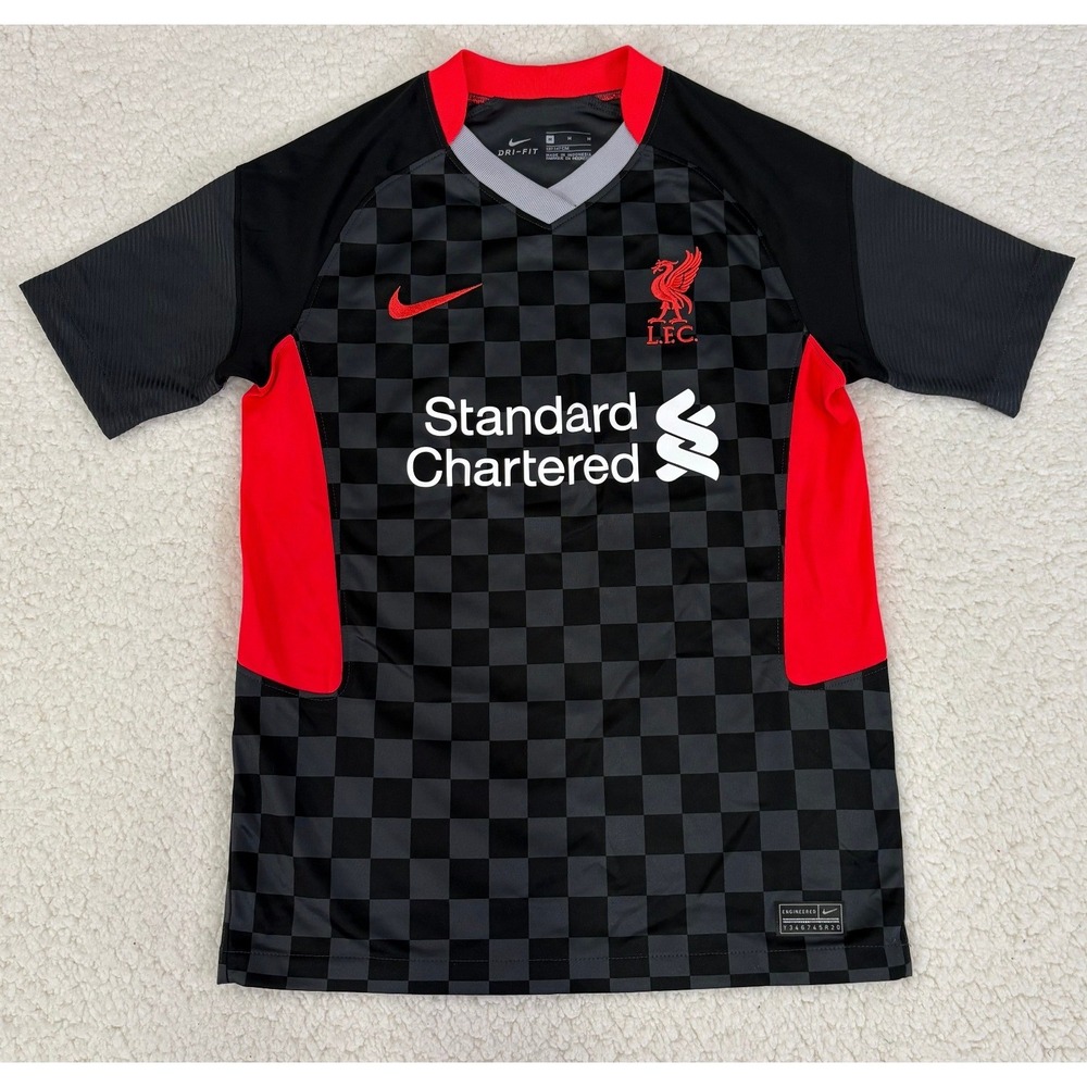 Nike Liverpool FC Kids Soccer Jersey Black Grey Checkered Dri-FIT Medium 137-147